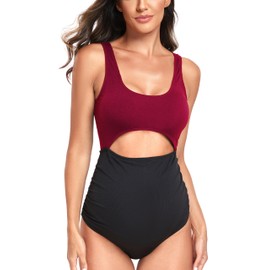 EastElegant Maternity Cutout One Piece Swimwear Ploka Dots Print Pregnancy Swimming Suit, Red+black, Large