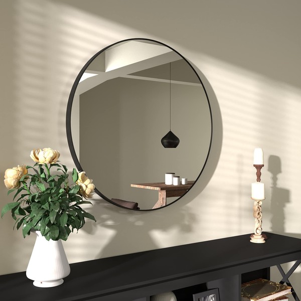 B&C 32 inch Round Mirror with 1.54" Matte Black Aluminum