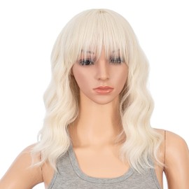 SWACC Short Curly Wavy Bob Wig with Bangs Synthetic Medium Shoulder Length Hair Wig for Women with Wig Cap (Platinum Blonde)