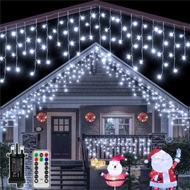 Hopexy Icicle Outdoor Christmas Lights, 216 LEDs 7.3m Waterproof Connectable Outside Fairy Light Mains Powered, Cool White Hanging String Light Plug in, for House Roof Porch Gutter Xmas Decorations