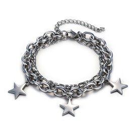 Fusamk Women’s Star Bracelet Stainless Steel Link Chain, Double Layer Star Charm Bracelet for Women, Fashion Curb Bracelet Stackable Birthday Gift(White)