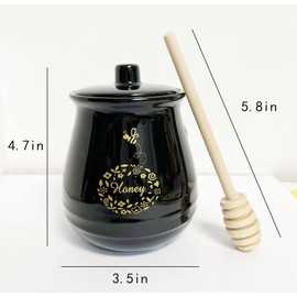 RockTrend Relief Bee Ceramic Honey Jar with Wooden Honey Dipper-Black-Matte