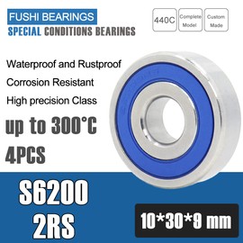 Rodamientos S6200RS de 10 x 30 x 9 mm 440C de acero inoxidable S6200-2RS de bolas de acero inoxidable ABEC-3 de goma sellada de 4 piezas