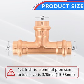 Copper Press Fittings 1/2 Inch Tee, No-Lead Plumbing Pipe Connector | Compatible with Copper Pipes, Water Supply & Hydronic Heating Systems | Durable Press Fit Design,10-Pack