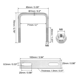 PATIKIL M8x70x70mm Square U-Bolts Kit, 2Set 304 Stainless Steel Square U Shaped Bolts Replacement Parts with Frame Plates and Nuts for Ski Board Sailboat Trailer