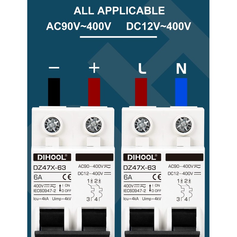 DIHOOL Solar Disconnect Switch, 6 Amp 2 Pole, DIN Rail