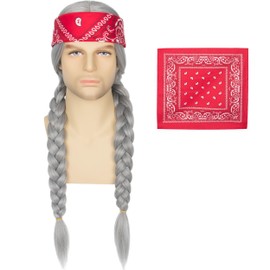 Yan Dream Men Long Silver Grey Pigtail Wig with Red Bandana for Retro Hippie Cosplay Costume Parties