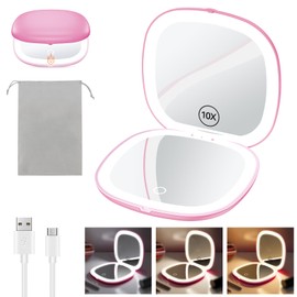 Benbilry Espejo de maquillaje compacto recargable de 3.9 pulgadas con 3 colores de luz y aumento 1 / 10 X, tira de doble luz regulable, espejo de maquillaje de viaje, mini cartera, espejo LED compacto, color rosa