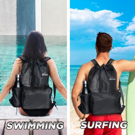 ElevateCo Swim Bag Mesh Drawstring Backpack with Wet Pocket for Swimming, Gym, and Workout Gear (Black)