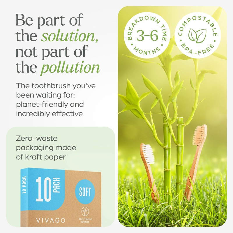 VIVAGO Soft Flossing Bamboo Toothbrushes 10 Pack - BPA Free