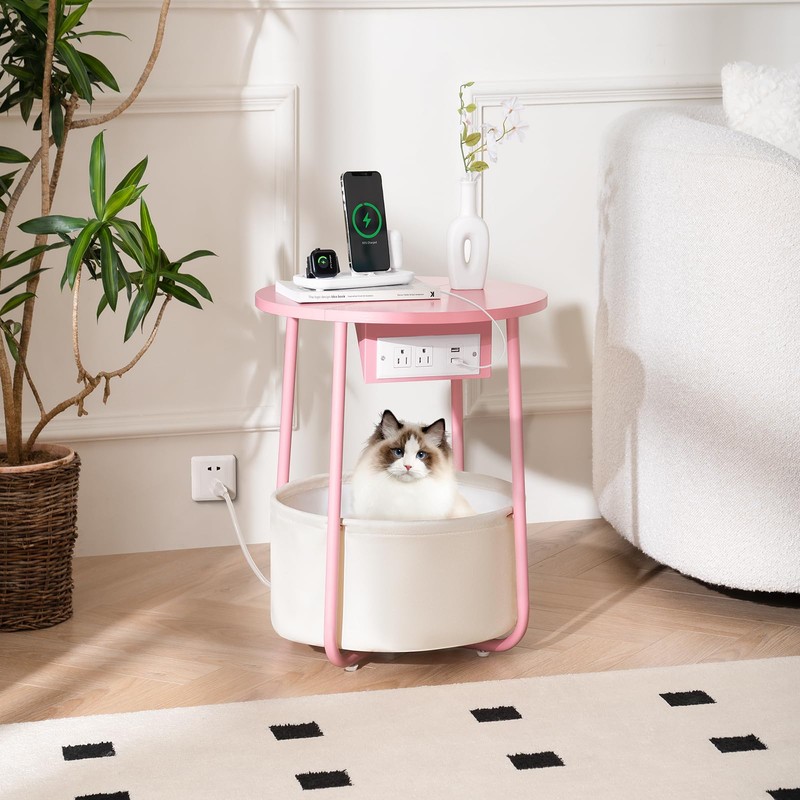 Yoobure Small Side Table, LED Night Stand with Charger Station,