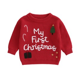 Baby Girls Christmas Knit Sweater Long Sleeve O Neck Letter Present Box Tree Candy Cane Embroidery Pullover Knitwear (A-Red, 9-12 Months)