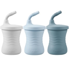 PandaEar Silicone Training Cup, 3 Pack Baby Drinking Sippy Cups with Straw for Baby and Toddler 6 Months+ (Dark Blue/Light Blue/Gray)