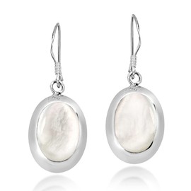 AeraVida Simple Oval Shaped White Mother of Pearl .925 Sterling Silver Dangle Earrings | Bridesmaids Minimalist Pearl Jewelry | Pearl Dangling Earrings for Women Anniversary Jewelry Gift