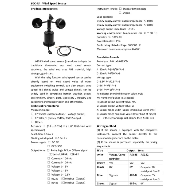 Anemometers Wind Speed Monitoring Sensor 9-30V DC Supply NPN Output