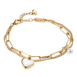 Oidea Heart Pearl Bracelets for Women: Elegent Double-Layer Link Chain Bracelets Adjustable Stainless Steel Bracelet Jewelry Gifts for Womens and Ladies, Gold