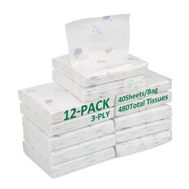 Facial Tissue 3-Ply Pocket Packs (12 Packs of 40 tissues 480 Total Tissues), Mini Paper Facial Tissues Travel Size, Travel Tissue Packs