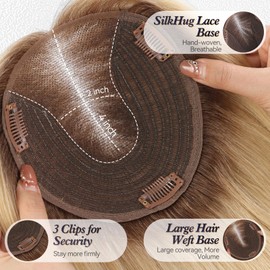 starluck 6x5 inch Large Swiss Base SilkHug 14 Inch Real Human Hair Toppers,60 Gram, 100% Real Human Hair Toppers for Women with thinning (Ombre Blonde, with Bangs)