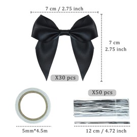 FuninCrea Satin Ribbon Bows, 30 Pack 7cm X 7cm Mini Bows with Double-Sided Adhesive Tape and Gift Wire for Decorate Christmas Gifts, Headdresses, Product Packaging, Toys, Wedding, Party (Black)