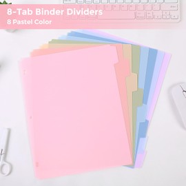 SKYDUE Durable Plastic 8-Tab Dividers, Big Tab Dividers for 3 Ring Binder, Write&Erase 3 Ring Binder Dividers with Tabs,with Sticker Labels, 1 Set, Pastel Color