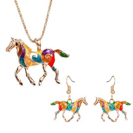 coadipress Running Horse Earrings and Necklace Set for Women Cute Enamel Kentucky Derby Lucky Horse Pendant Necklace Dangle Earrings Kentucky Derby Jewelry Gift, Large, Resin, No Gemstone