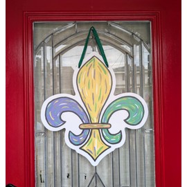 Mardi Gras Fleur de Lis Door Hanger, New Orleans Door Decoration 16"x15", Purple Green Gold Carnival Season, Louisiana, Weather Resistant