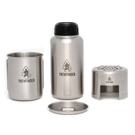 The Pathfinder School Stainless Steel 32oz Water Bottle, Cup with Bat Wing Handles, and Stove Set