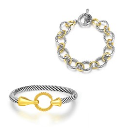 Mytys 2PCS 2-Tone Cable Link Bracelet Set - Statement Chain & Twisted Rope Bangle, Designer Inspired Gold Silver Plated Fashion Jewelry for Women (Gold & Silver 2)