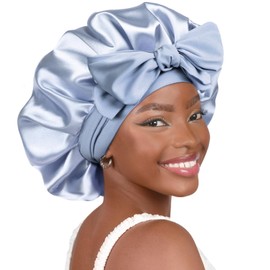 YANIBEST Silk Bonnet for Sleeping Women Satin Bonnet Double Layer Satin Lined Hair Bonnet with Tie Band Curly Hair Blue