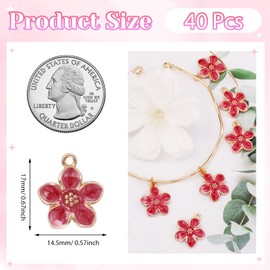 Cynailli 40 Pcs Cherry Blossom Flower Charms for Jewelry Making, Gold Plated Enamel Flower Charms, Cute Flowers Pendants for Bracelets Necklaces Earrings Purse Keychains DIY Crafts（Rose Red）