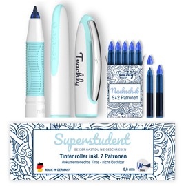 Teachly Superstudent Rollerball Pen - Refillable Pen for University, School & Office - Includes 7 Ink Cartridges (Blue) (Turquoise)