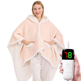 Wearable Heated Throw Blanket Electric Shawl - Heated Wrap Robe Poncho Blanket Hoodie for Adult, Winter Gifts for Mom Women Girlfriend Grandma, Warm Sherpa with Pockets, 5-Position Timer,Pink