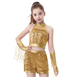 LOLANTA Girls Sequin Dance Costume, Glitter Hip Hop Jazz Dance Outfit, Kids Street Dance Clothing with Sleeveless Top and Shorts, gold