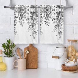 AMM Gray Eucalyptus Kitchen Towels Set of 2 Spring Decorative Dish Hand Towels for Kitchen 16x27 Inch Black and White Botanical Leaves Floral Plant Dish Cloths Absorbent Soft Microfiber
