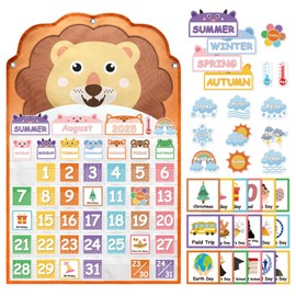 Animal Face Monthly Calendar for kids,Educational Calendar Pocket Chart Set with Weather Cards, Months, Numbers 1-31, Holidays and Special Events, Lion Design