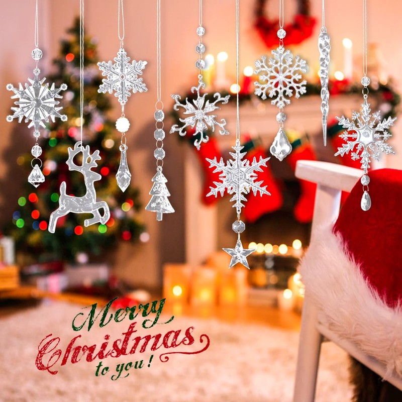 18pcs Crystal Christmas Tree Ornaments, Hanging Acrylic Snowflake Icicle Ornaments
