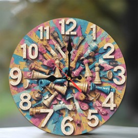 Lancholy 10-Inch Silent Wooden Wall Clock, Colorful Chess Pieces Clock Wall Decor ” Silent Non-Ticking Clock, Battery Operated (AA Batteries Not Included), Artistic Home Decor