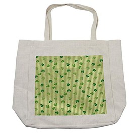 Ambesonne Irish Shopping Bag, Retro Classical Checkered Pattern with Green Shamrocks Clovers Garden Plants, Eco-Friendly Reusable Bag for Groceries Beach and More, 15.5" X 14.5", Cream