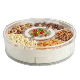 1-Pack Divided Serving Tray with Lid and Handle, 6-Compartment Snackle Box Container for Fruits Vegetables Snacks, Portable Spinning Round Veggie Tray for Kitchen Party Travel Picnic