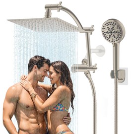 Hibbent All Metal cUPC Certified Shower Head, 8'' High Pressure Rain Shower Head, Handheld Showerhead Combo with 16'' Adjustable Extension Arm, 10 Sprays, 71'' Hose, Showerhead Holder, Brushed Nickel