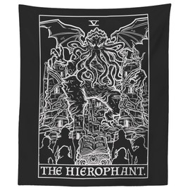 The Hierophant Tarot Card Tapestry (Black & White) - Cthulhu - Vintage Horror Home Decor Wall Hanging (60" x 50")