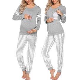 Ekouaer Maternity Pajama Set Nursing Pjs Women Breastfeeding Pregnancy Postpartum Clothes Long Sleeve Top & Pant with Pockets Light Grey