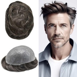 Toupee for Men Hair Replacement System Ultra Thin Skin Mens Toupee Human Hair All V-Looped Super PU 0.06mm Invisible Hairline Hairpieces For Man Hair Unit Wigs #1B30 1B# OFF BLACK WITH 30% GREY