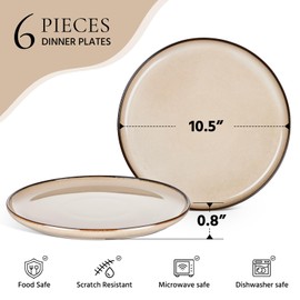 E-far 10.5” Ceramic Dinner Plates Set of 6, Large Reactive Glaze Stoneware Dishes, Round Salad Plate for Home Kitchen Restaurant, Microwave & Dishwasher Safe – Sandy Beige