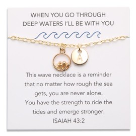 QqzsJewls Initial Wave Necklace for Women, Strength Encouragement Gifts for Her, New Beginning Necklace, Christian Isaiah 43 2 Faith Jewelry, Sympathy Comfort Tough Times Gifts (Letter A)