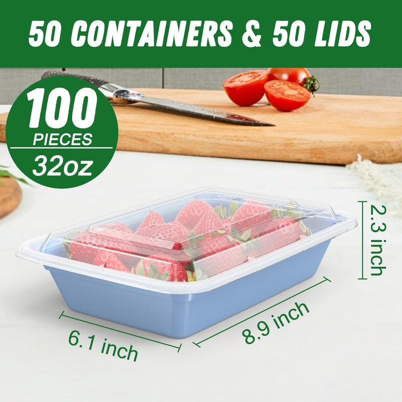 50 Pack (100-Piece) 32 oz Meal Prep Containers Reusable with