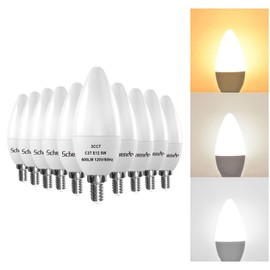E12 LED 3-Color Candelabra Light Bulbs 60W Equivalent, with Warm White, Daylight, Natural White, Color Changing Light Bulb, 600 Lumen Chandelier Bulb, 5W B11 Candle Base, Non-Dimmable, 10 Pack