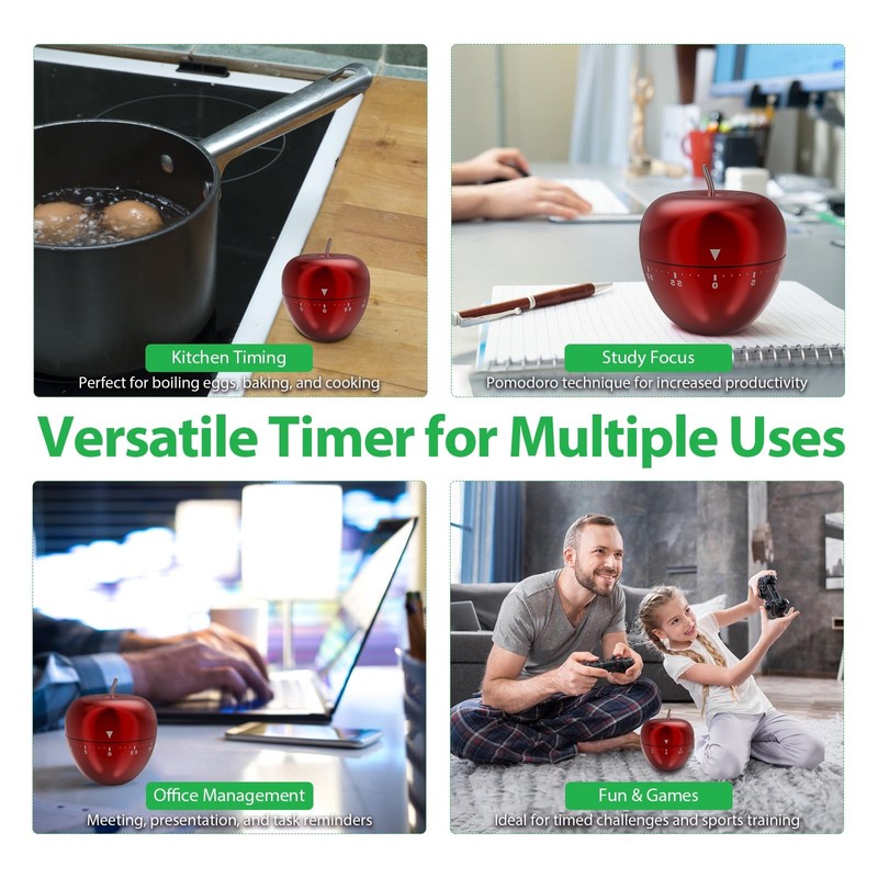 Mechincal Apple Timer，Kitchen Timer Stainless Steel Rotating Alarm 60 Minutes