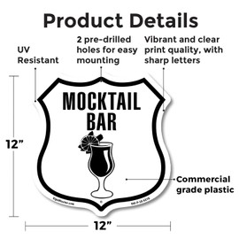 Mocktail Bar 12 inch X 12 inch Shield Shaped Commercial Grade Plastic Sign Weather Resistant Made in the USA