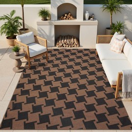 Checkered Easy Jute Rug, Outdoor Patio Rug for Living Room Washable Area Rug, Brown 5x7 Indoor Entryway Farmhouse Geometric Diamond Non Slip Carpet for Backyard Dining Room